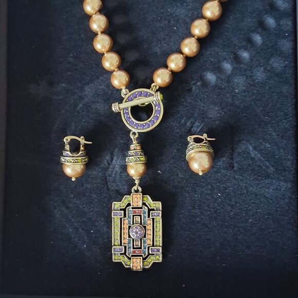 HEIDI DAUS GOLD PEARL ART DECO PENDANT NECKLACE & EARRINGS WITH CRYSTALS NIB - Picture 1 of 8